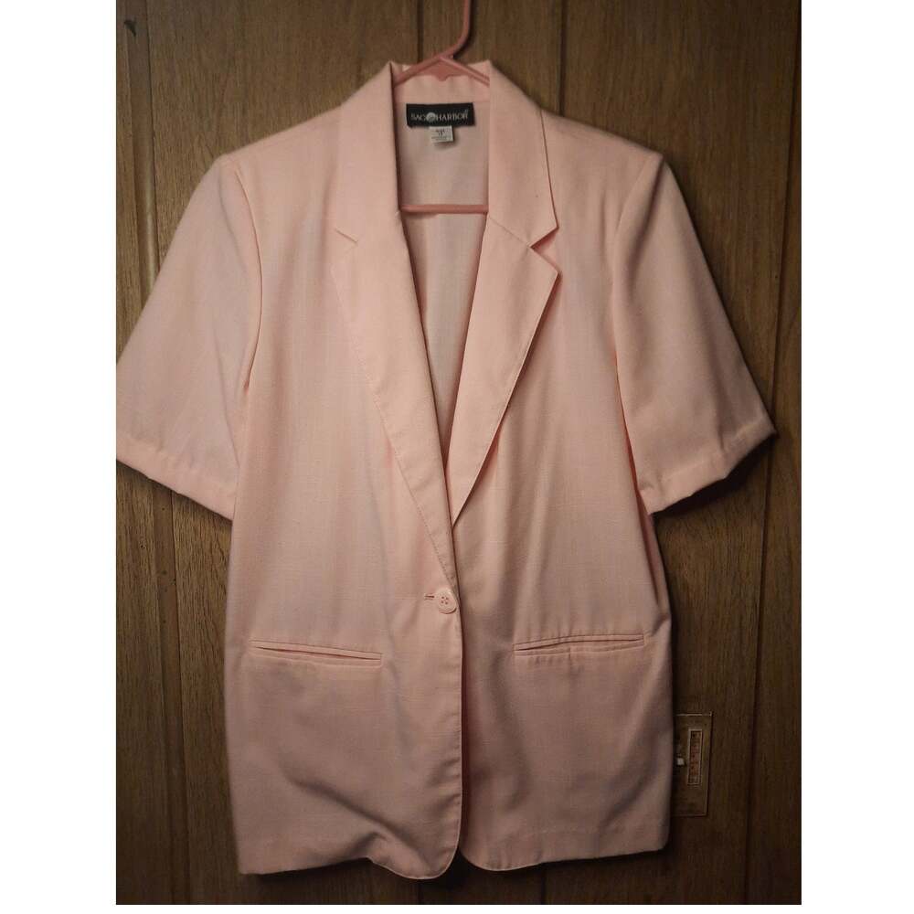 Vintage Blush Pink Short Sleeve Blazer Womens Large Bucket Pockets Boxy Retro